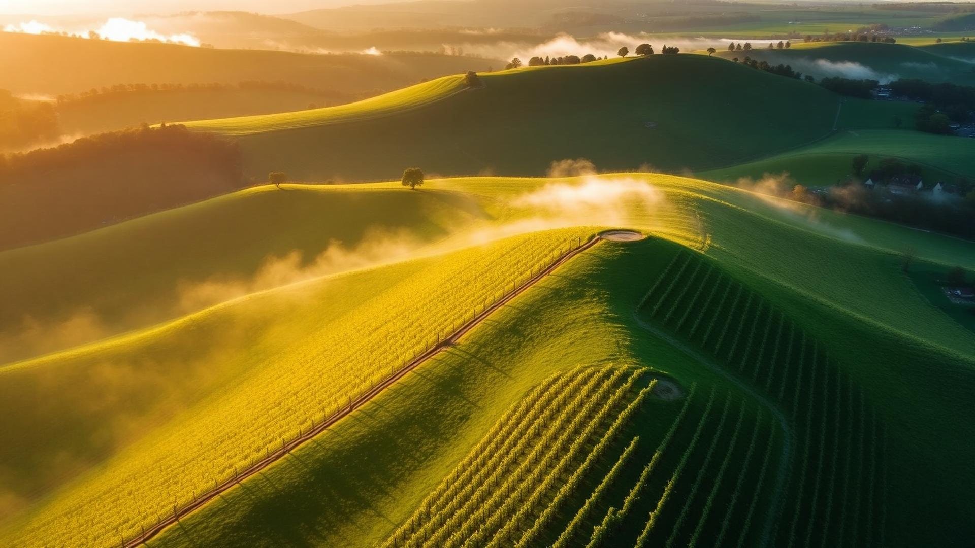 Aerial view of the Nyetimber estate vineyards in West Sussex at golden hour